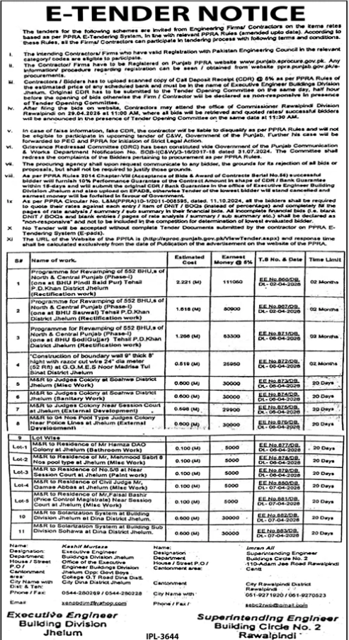 Programme for Revamping of 552 BHUs of North & Central Punjab (Phase-I), Construction of Boundary Wall, M&R to Judges Colony & Sessions Court Jhelum, and M&R to Residential Buildings at Jhelum (11 Works/Packages)